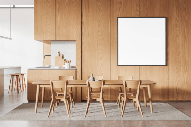 istock Wooden home kitchen interior with eating table and cooking cabinet. Mockup frame 2037582756