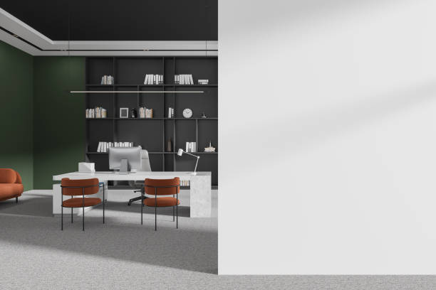 istock White and green CEO office interior with blank wall 2037585908