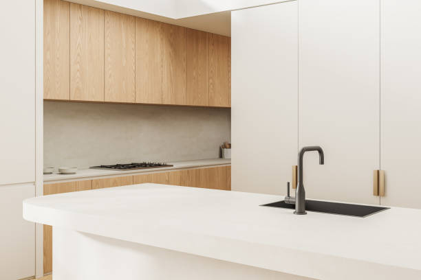 istock Modern home kitchen interior with bar island and cabinet with kitchenware 2037589060