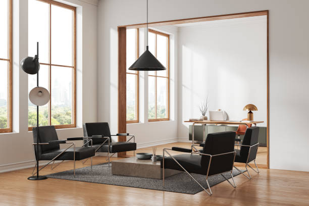 istock Stylish meeting interior with ceo desk and relax corner with panoramic window 2037590621