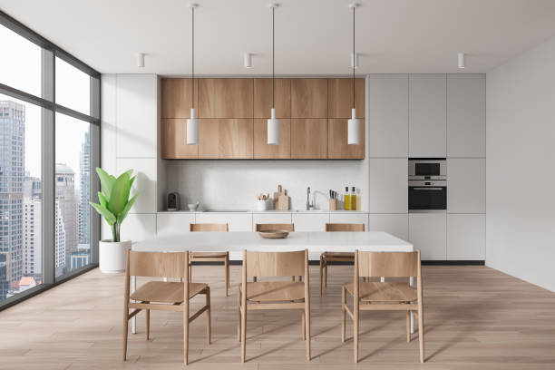 istock Luxury home kitchen interior with cooking and dining table, panoramic window 2037594296