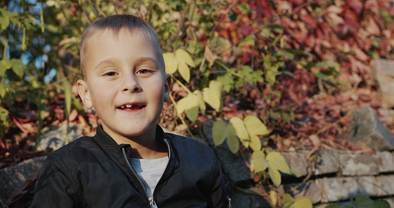 Portrait of a cute caucasian boy in autumn park.