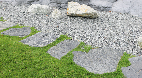 Stone walkway in garden.