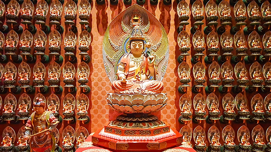 Chinatown, Singapore - June 11, 2023 : Buddha Statues Inside Of Buddha Tooth Relic Temple And Museum In Chinatown. This Place Is Perhaps The Best Place In Singapore For A Look At Chinese Buddhism.