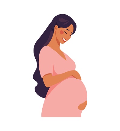A contented pregnant woman in a pink dress tenderly holds her belly, a moment of maternal bonding and anticipation. Flat cartoon vector illustration