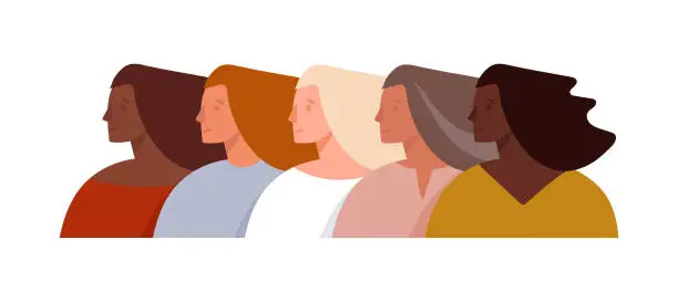 Vector illustration of Profiles of women of different nationalities and ages, international women s day, sisterhood, feminism, the fight for women s rights. Flat vector illustration.