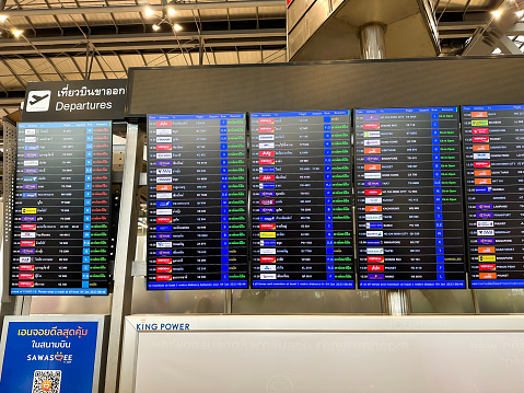 Bangkok, Thailand - ‎‎‎January 4, 2023 : Flight Information Display System At Suvarnabhumi International Airport (BKK).