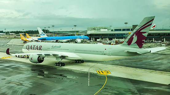 Changi, Singapore - ‎‎‎‎‎‎February 19, 2020 : An Airbus A350 Airplane Of Qatar Airways At Changi Airport.