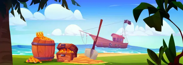 Vector illustration of Pirates on ship came ashore to bury treasure.