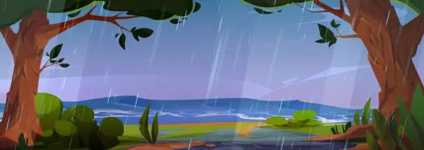 Vector illustration of Coast of sea or ocean during storms and rain