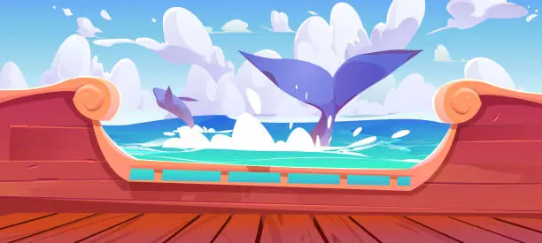 Vector illustration of Whale tail splashing in ocean view from ship board