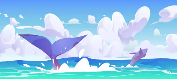 Vector illustration of Cartoon sea or ocean landscape with jumping whales