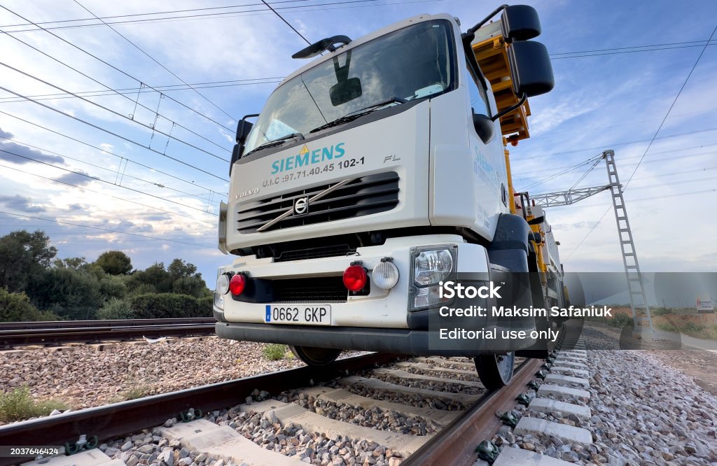 Overhead Loading Railway Rail Road Platform With Crane For Construction Work On Overhead Lines ...