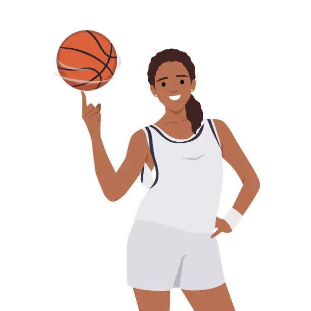 Vector illustration of Smiling young black woman athlete spin ball on finger. Happy girl basketball player play with ball. Sport and game activity