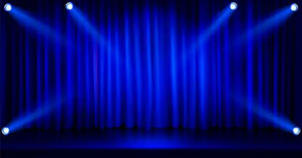 Vector illustration of Blue curtain with spotlights on stage