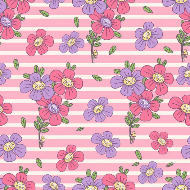 Vector illustration of Seamless pattern with bouquet of flowers on striped pink background. Vector illustration.