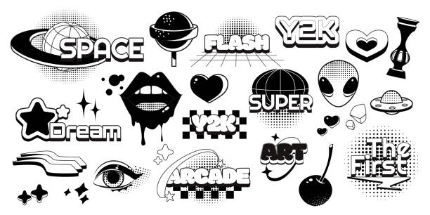 Black and white y2k stickers set Black and white y2k stickers set isolated on background. Vector illustration of abstract retro art icons and words, planet, alien, ufo, heart, lips, star, eye, cherry symbols, psychedelic 90s design gothic heart backgrounds stock illustrations