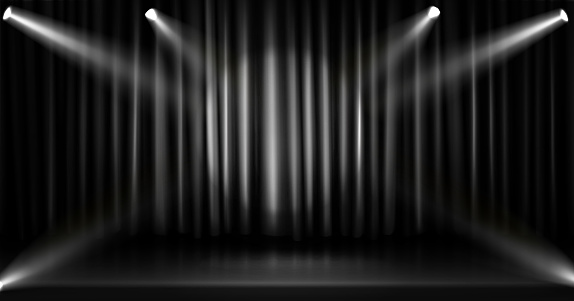Theater or cinema stage with floor, black luxury closed curtain and spotlights. Realistic vector illustration of opera show or movie ceremony waved drapery on scene with light for presentation.