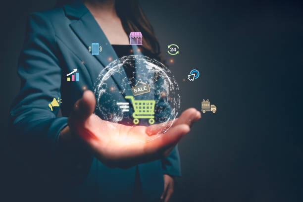 istock Online shopping, flash sale, discount codes, free shipping, e-commerce, social commerce, technology internet shopping, product delivery, digital marketing concept. Woman showing shopping cart icon. 2037663591
