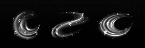 Water swirl and wave with bubble. Water swirl and wave with bubble. Vortex with movement of detergent or soap foam balls. Realistic vector set of clean liquid underwater spin whirlwind with shampoo blobs and transparent overlay effect immersed in their work stock illustrations
