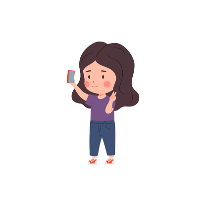 Cute little girl takes a selfie using mobile phone. Little child using gadget for photo, video recording or online broadcast. Kid addiction of smart technologies. Cartoon vector illustration isolated