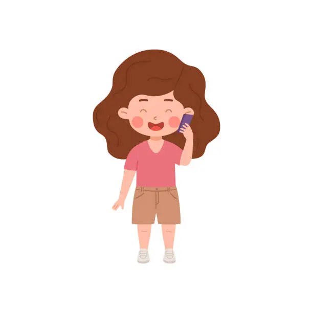 Vector illustration of Cute little girl talk using mobile smart phone, vector little child using gadget for communication and conversation