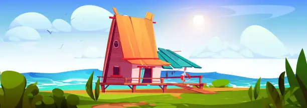 Vector illustration of Small wooden fishing hut on coast of sea or ocean.