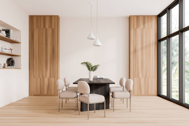 istock Beige and wooden dining room interior 2037686119