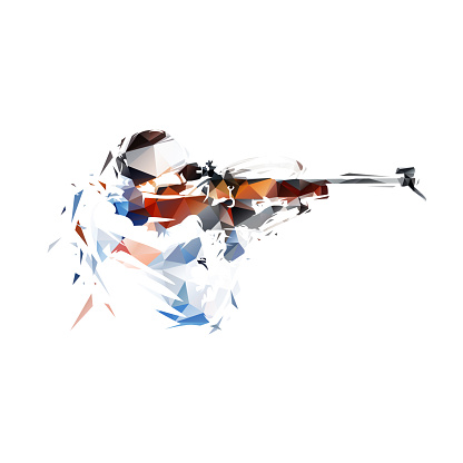 Biathlon, woman shooting, low poly isolated vector illustration. Geometric drawing from group of triangles