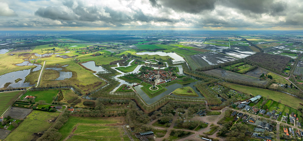 aerial view of Bourtange, a fortified village in the Netherlands. It is a historic star shaped fortification dating from the middle ages.