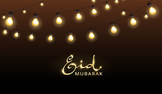 Eid Mubarak banner with hanging light bulbs decoration. Muslim holidays garland, festive frame. Ramadan and Al Adha vector background. Eid calligraphy in arabic style. Vector.