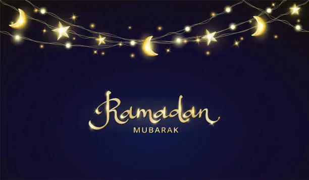 Vector illustration of Ramadan Kareem banner with islamic decoration. Hanging stars and crescents lights string frame. Ramadan calligraphy in arabic style. Vector.