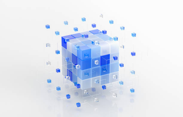 Blue data cube made of smaller cubes casting a shadow on a graph paper background, representing data processing, data analysis, and information technology