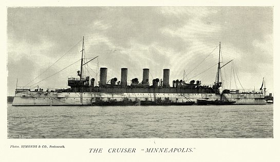 Vintage picture of US Navy warship Cruiser, USS Minneapolis, Naval Military History, 1890s, 19th Century