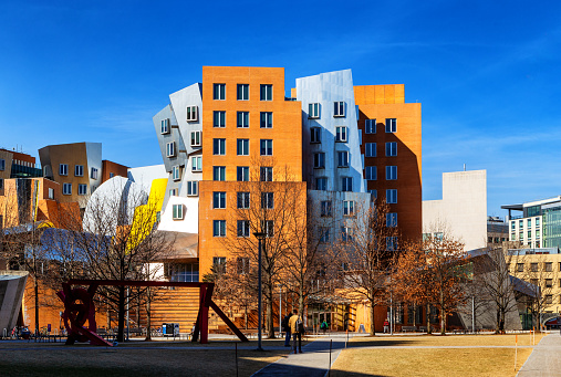 Cambridge, Massachusetts, USA - February 22, 2024: Stata Center, officially the Ray and Maria Stata Center (Building 32) on the Massachusetts Institute of Technology campus. Designed by architect Frank Gehry. The building opened for initial occupancy on March 16, 2004. It is located at 32 Vassar Street in Cambridge, Massachusetts. The building has a number of small auditoriums and classrooms used by the Electrical Engineering and Computer Science department (EECS, Course 6), as well as other departments and on-campus groups.