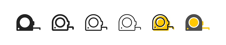 Roulette set of six icons in different styles. Tape, drawings, schemes, length, exact data, adhere to the scale, professionalism, meter, distance, measure. Tools concept. Set of vector icons