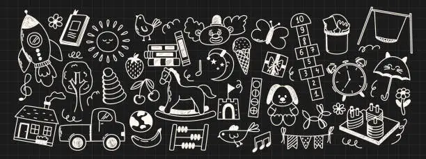 Vector illustration of Daycare doodle elements. Rocket, hopscotch, toys, horse, montessori game, house, sun and other elements. Scribbled with chalk texture.