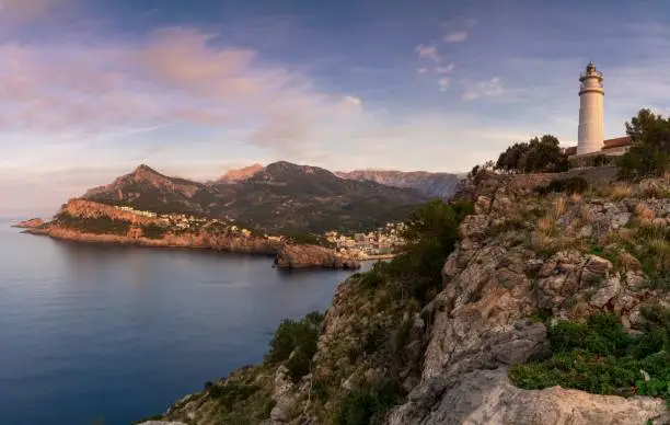 A view of the Cap Gros Lighthouse in northern Mallorca at sunset
