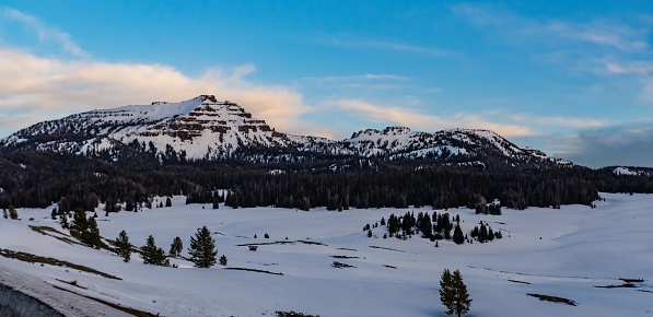 Mountains covered with snow in the evening at sunset, USA