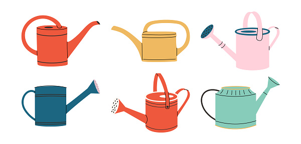 Set of watering cans for gardening. Hand drawn vector illustration