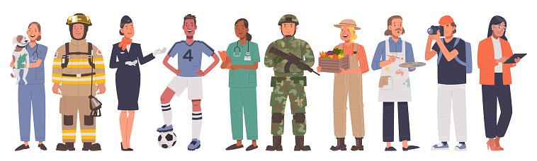Set of different professions. Men and women in uniform in full length on a white background. Veterinarian, firefighter, nurse, soldier, artist. Vector illustration in flat style