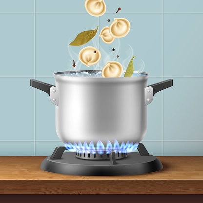 Boiled dumplings. Pan on gas stove. Falling pelmeni, bay leaf and black pepper. Cooking frozen food. Traditional national dish from meat and dough. Homemade vareniki. Home kitchen. Vector concept