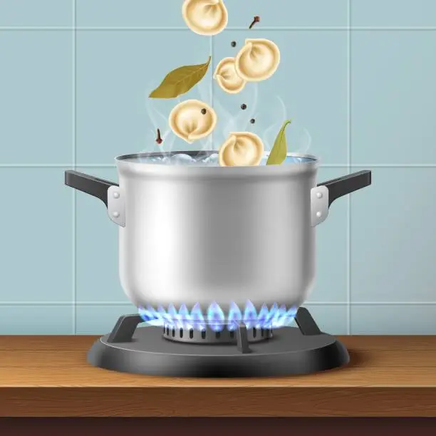 Vector illustration of Boiled dumplings. Pan on gas stove. Falling pelmeni, bay leaf and black pepper. Cooking frozen food. Traditional dish from meat and dough. Homemade vareniki. Home kitchen. Vector concept