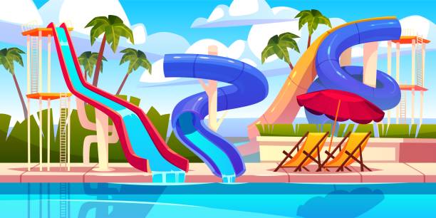 istock Aqua park attractions. Swimming pool with different types water extreme slides, summer family vacation, kids amusement, cartoon flat style isolated illustration tidy vector aquapark concept 2037779203