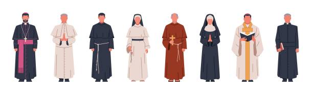 Catholic church characters. Christianity direction, people in religious robes, different church ranks, monks and priests, men dressed in classical robes cartoon flat style isolated nowaday vector set