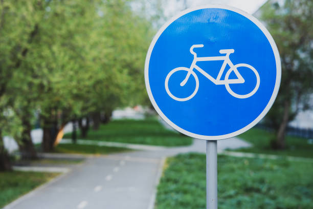 istock a blue circular bicycle sign at the bike path 2037779252