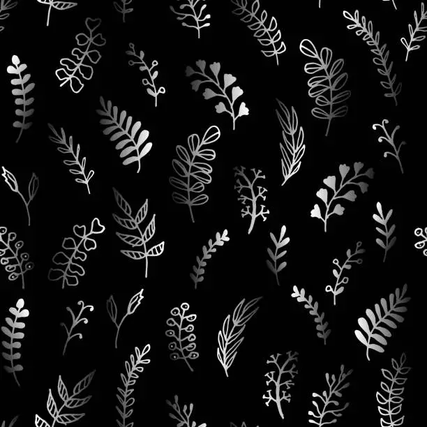 Vector illustration of Seamless floral pattern on black background. Gray twigs with gradient. Beautiful background for fabric, wrapping paper. Different branches, Lots of wild plants.