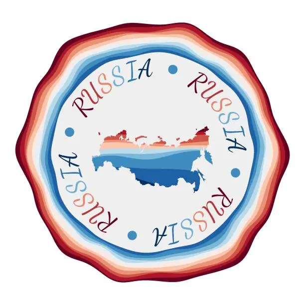 Vector illustration of Russia badge. Map of the country with beautiful geometric waves and vibrant red blue frame. Vivid round Russia logo. Vector illustration.