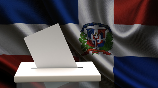 Blank ballot with space for text or logo is dropped into the ballot box against the background of the flag of Dominican Republic. Election concept. 3D rendering. Mock up