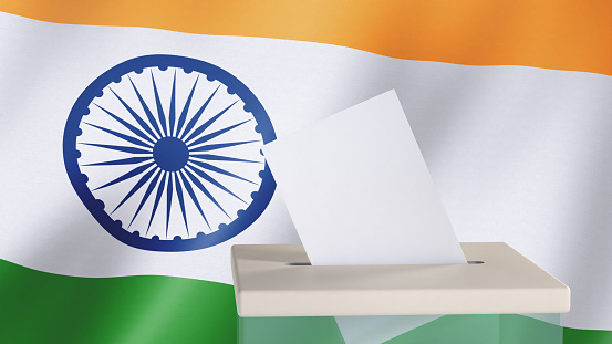Blank ballot with space for text or logo is dropped into the ballot box against the background of the flag of India. Election concept. 3D rendering. Mock up